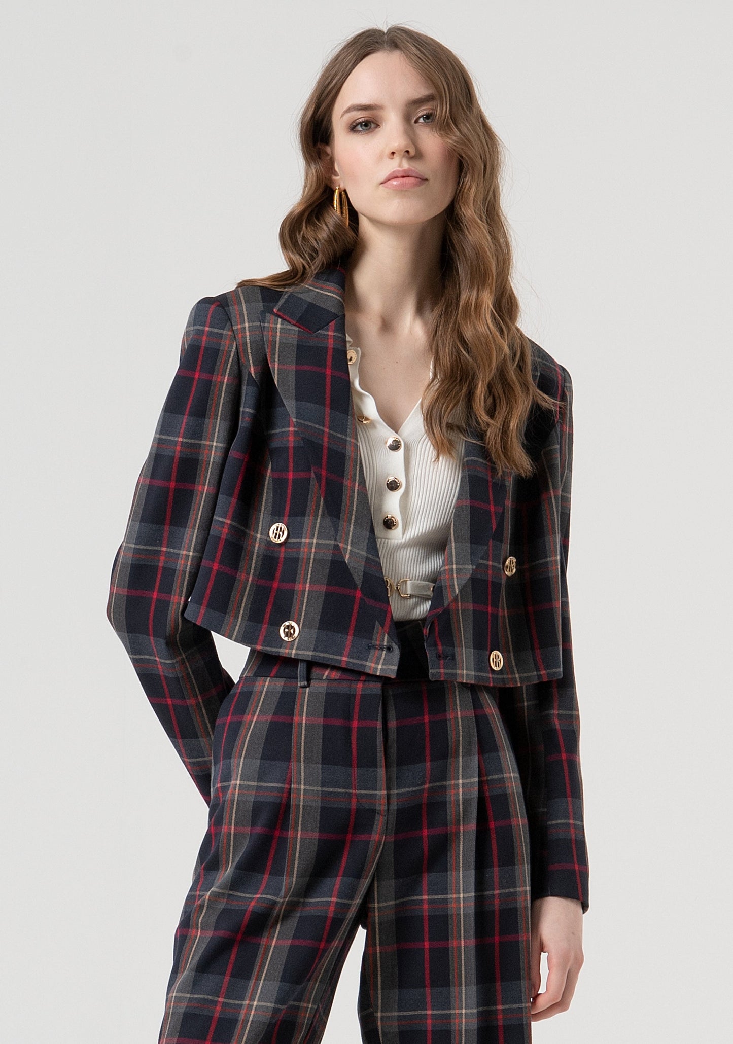 BLAZER JACKET CROPPED DOUBLE BREASTED WITH TARTAN PATTERN - FRACOMINA