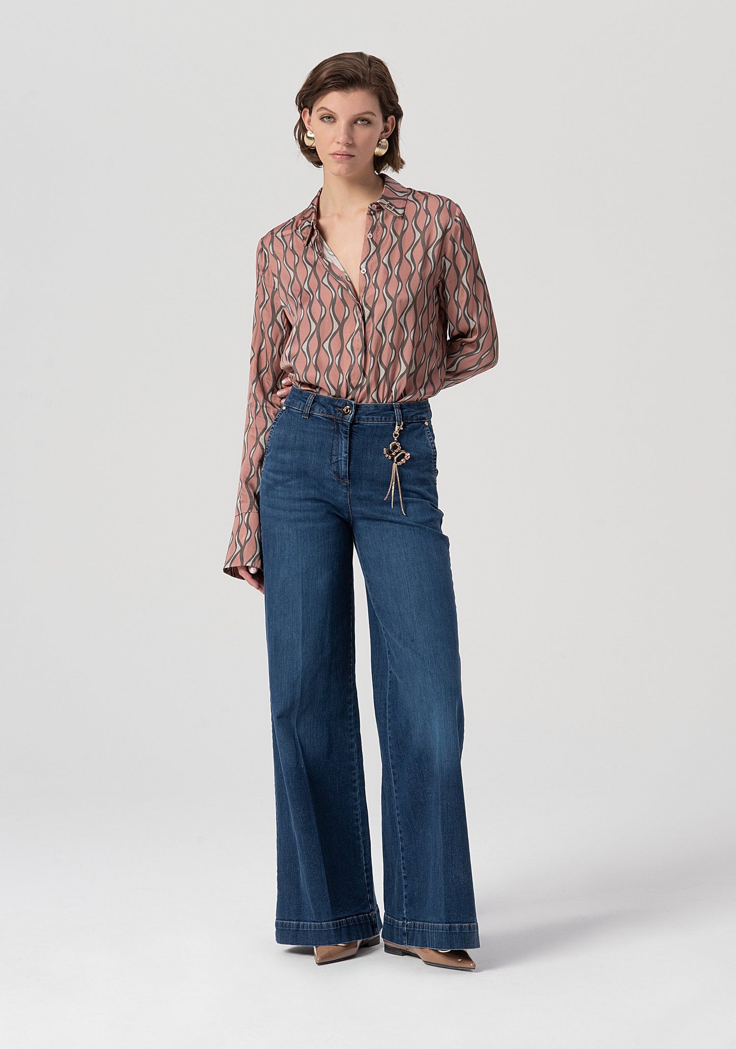 PALAZZO PANT FLARE JEANS MADE IN DENIM WITH MIDDLE WASH - FRACOMINA