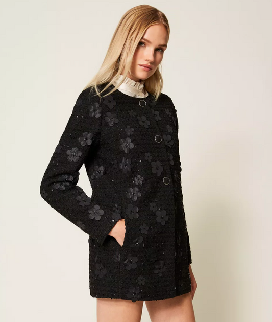 WOVEN OVERCOAT BLACK FLOWERS BOUCLE - TWINSET