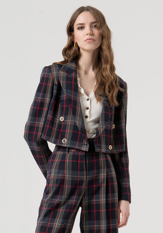 BLAZER JACKET CROPPED DOUBLE BREASTED WITH TARTAN PATTERN - FRACOMINA