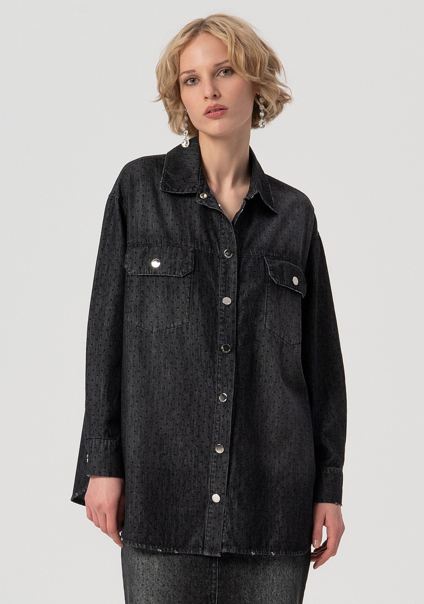 SHIRT OVER FIT MADE IN BLACK DENIM WITH POLKA DOTS PATTERN AND MIDDLE WASH - FRACOMINA