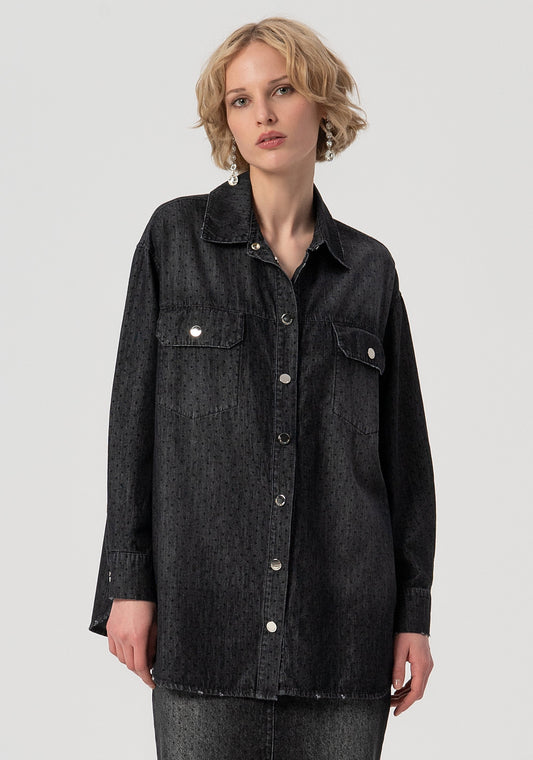 SHIRT OVER FIT MADE IN BLACK DENIM WITH POLKA DOTS PATTERN AND MIDDLE WASH - FRACOMINA
