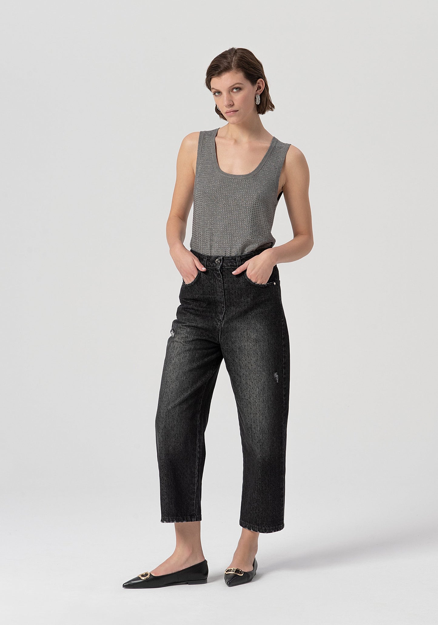 JEANS BOYFRIEND MADE IN BLACK DENIM WITH MIDDLE WASH - FRACOMINA