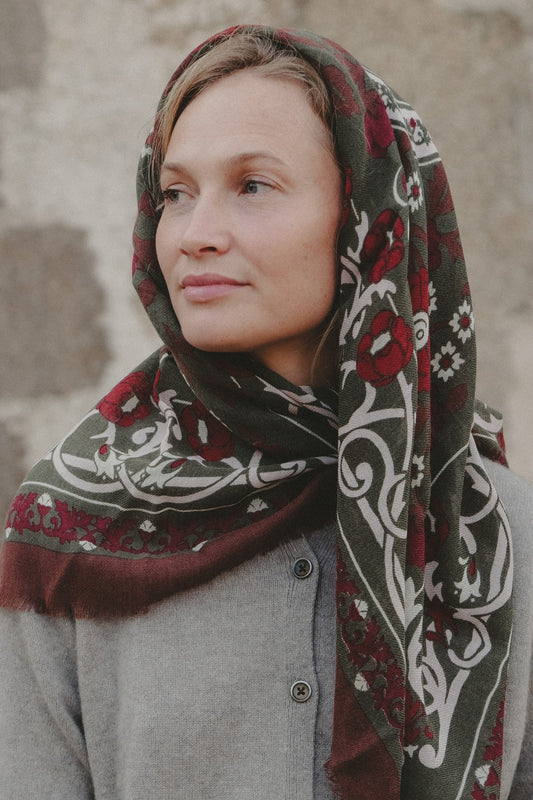 FOULARD MARIE ANTOINETTE KHAKI/BORDEAUX - MAISON LECOMTE FLAMENT