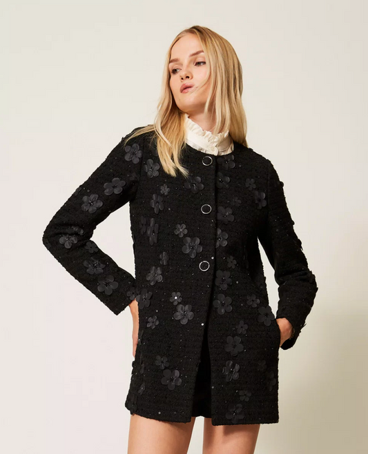 WOVEN OVERCOAT BLACK FLOWERS BOUCLE - TWINSET
