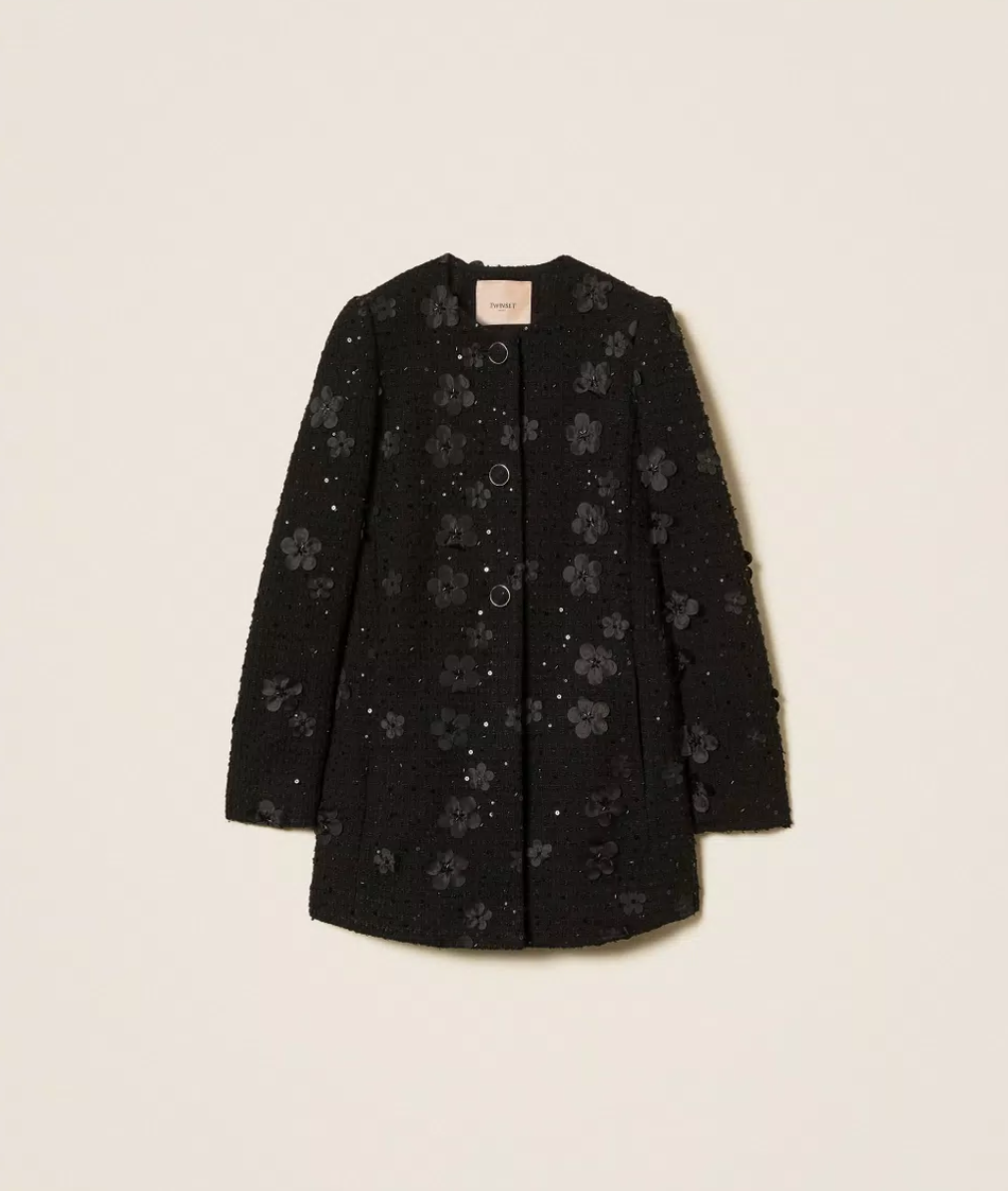WOVEN OVERCOAT BLACK FLOWERS BOUCLE - TWINSET