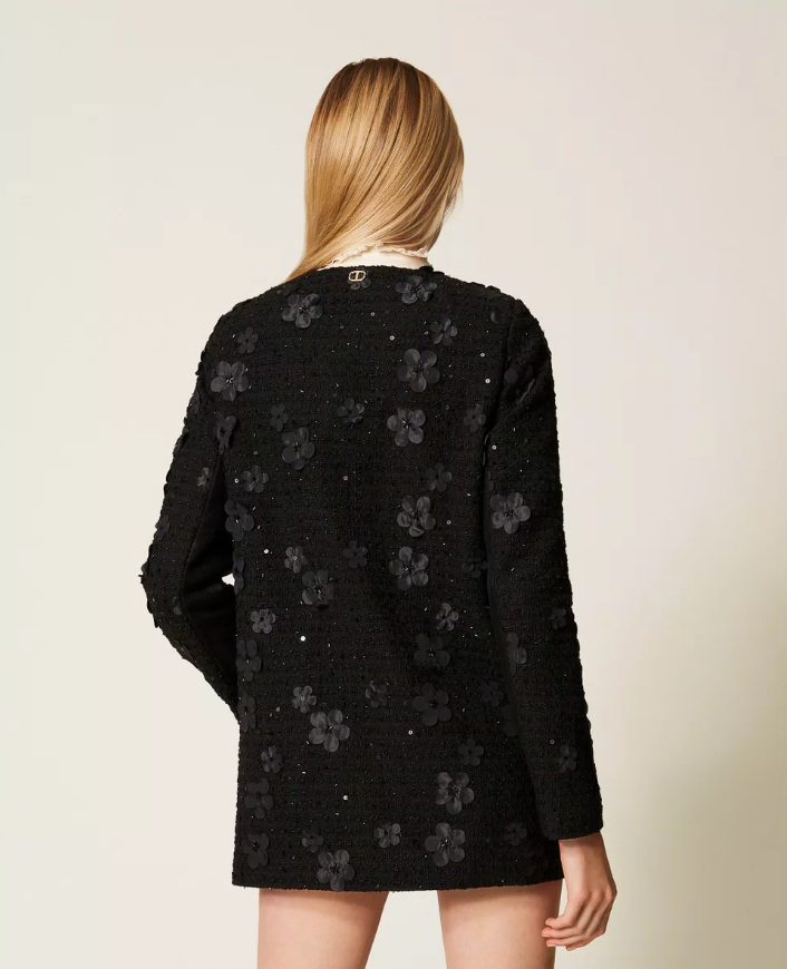 WOVEN OVERCOAT BLACK FLOWERS BOUCLE - TWINSET
