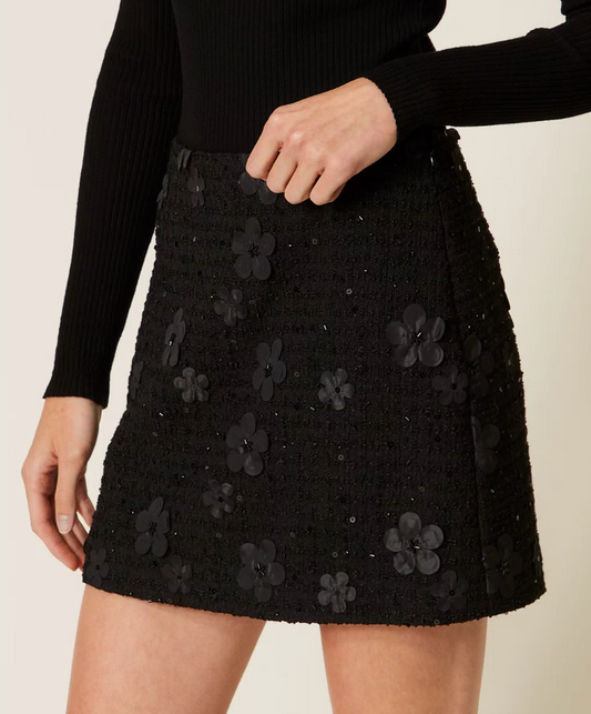 WOVEN SKIRT BLACK FLOWERS BOUCLE - TWINSET