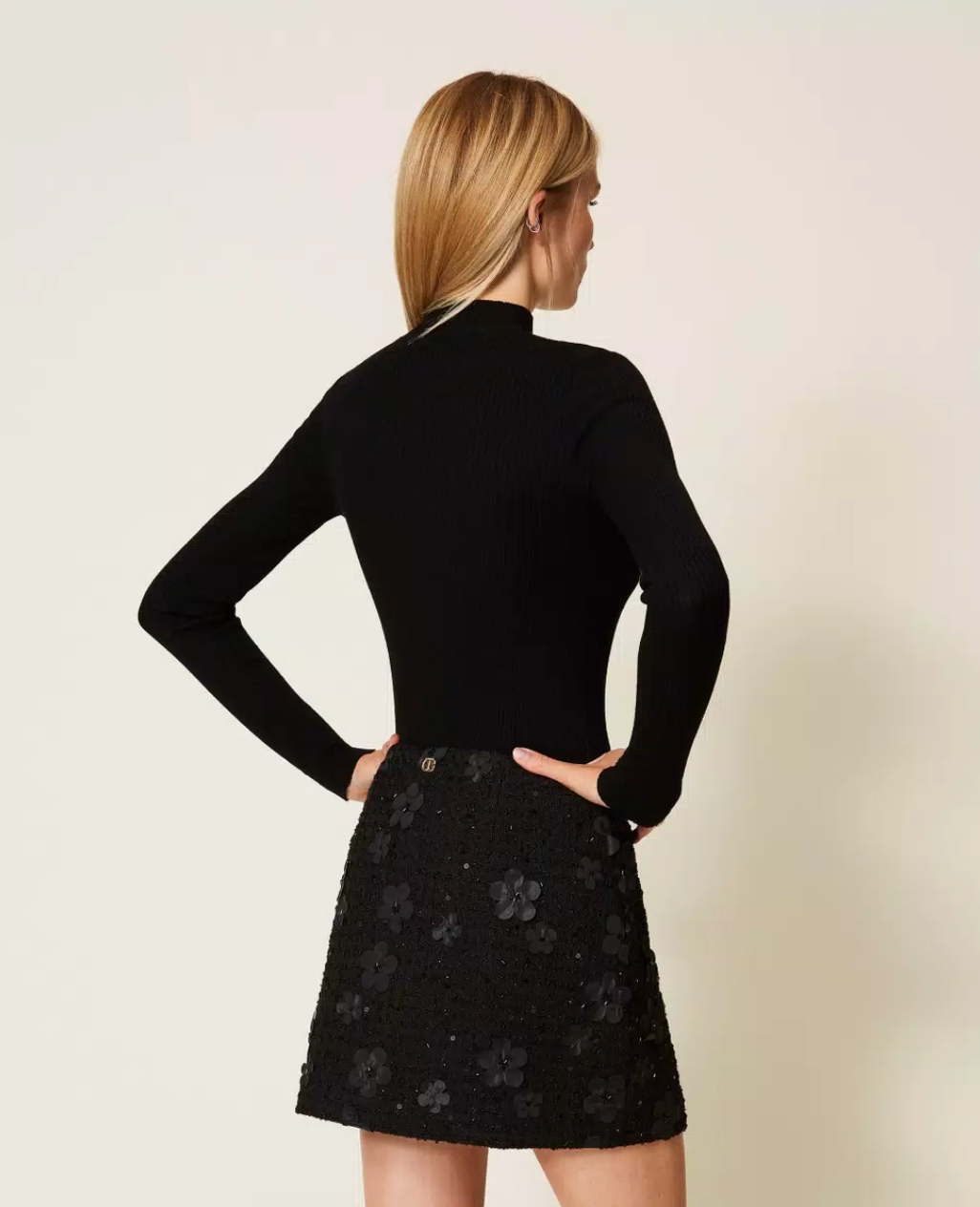 WOVEN SKIRT BLACK FLOWERS BOUCLE - TWINSET