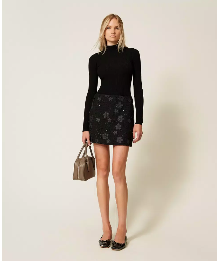 WOVEN SKIRT BLACK FLOWERS BOUCLE - TWINSET
